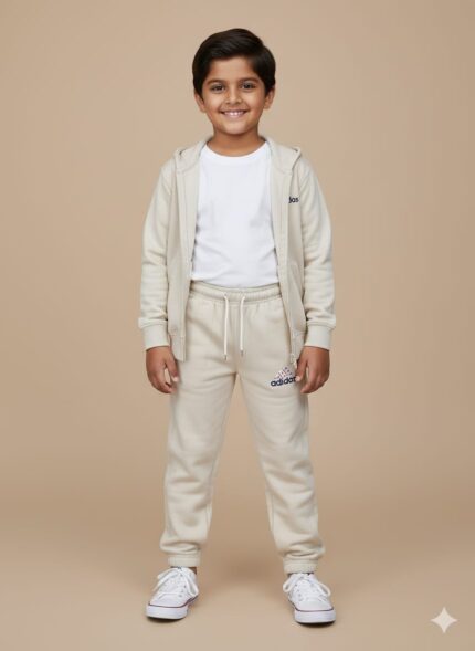 Kids-off-white-terry-trousers-front-viewClose-up-of-terry-fabric-texture-and-drawstringSporty-logo-detail-on-kids-winter-joggersRibbed-ankle-cuffs-on-off-white-kids-pantsElasticated-waistband-detail-of-kids-winter-trousersKids Off White Terry Trousers in Pakistan